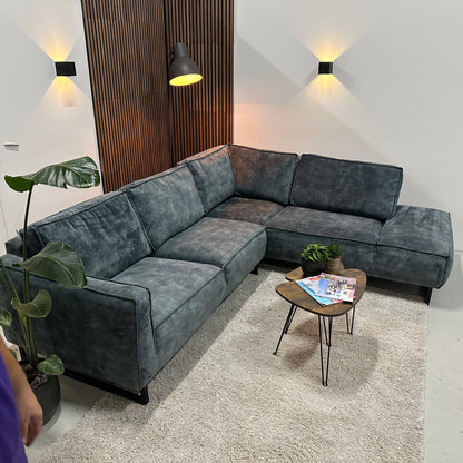 Velvet blauwe hoekbank 265x230cm