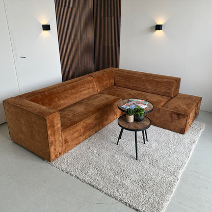 Cognac hoekbank velours 265x210cm