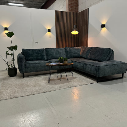 Velvet blauwe hoekbank 265x230cm