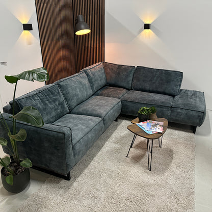 Velvet blauwe hoekbank 265x230cm