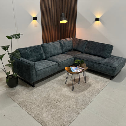Velvet blauwe hoekbank 265x230cm